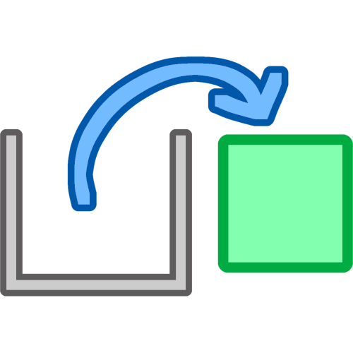 a grey squared U shape with a darker grey outline on the left and a green square with a darker green outline on the right. there’s a blue arrow with a darker blue outline starting inside the U shape and pointing to the right to the green square